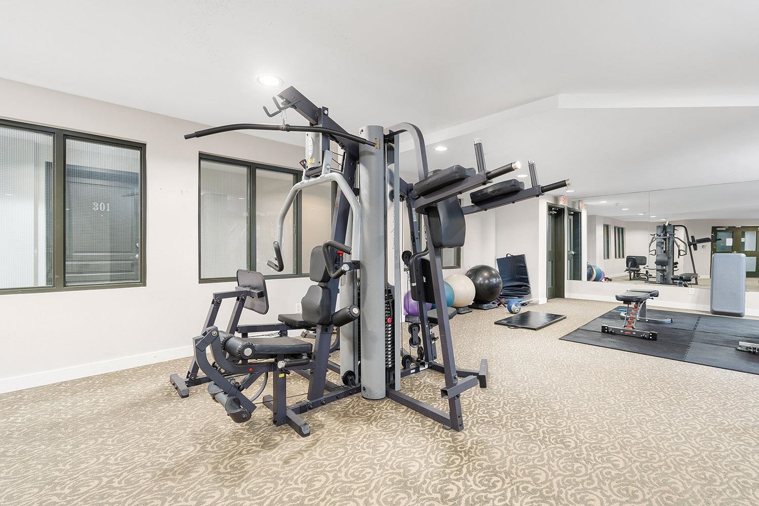 Gym with multi-station equipment, stability balls, and mirrored walls for workouts. - 807 - 4078 Knight Street, Vancouver East Side