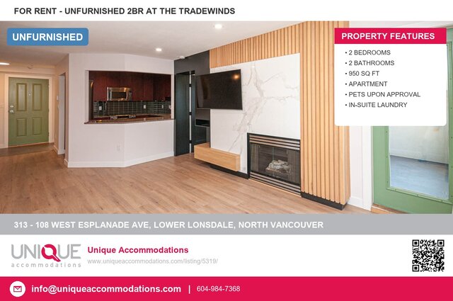 Modern 2-bedroom condo with hardwood floors, sleek countertops, and a cozy fireplace. - 313 - 108 West Esplanade Ave, North Vancouver