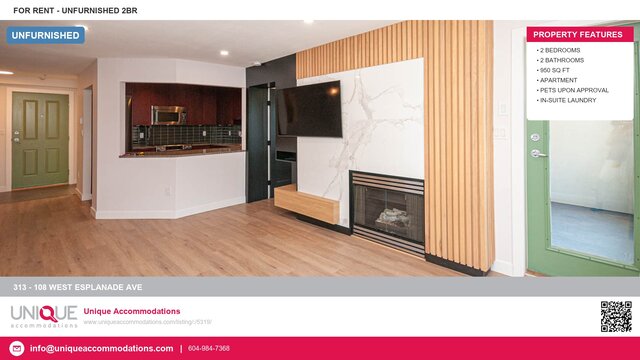 Modern open-concept living space with hardwood floors, a sleek kitchen island, and a cozy fireplace. - 313 - 108 West Esplanade Ave, North Vancouver