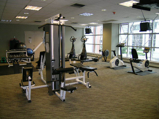 Bright gym with cardio machines and weightlifting equipment, large windows offering city view. - 1105 - 198 Aquarius Mews, Vancouver Downtown