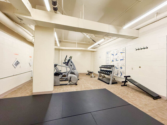 In-unit fitness room with elliptical machines, a dumbbell rack, and black exercise mats on the floor. - 1006-4165 Maywood Street, Burnaby