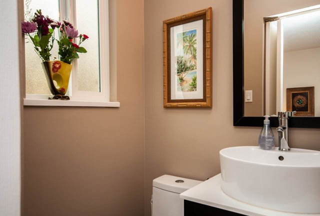Bathroom with white sink, framed artwork, and flowers on window sill. - 2077 W 13th Ave, Vancouver West Side