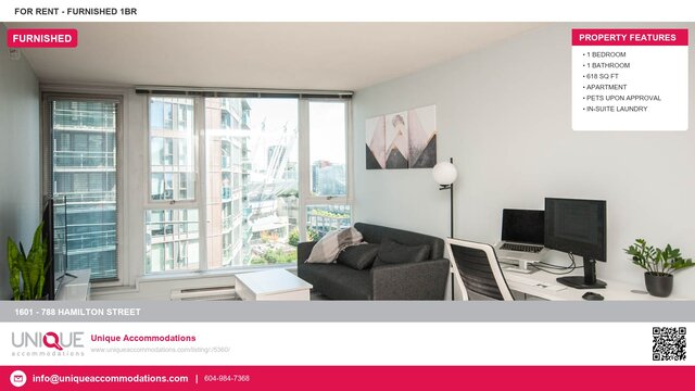 Modern 1-bedroom furnished condo with large windows offering a city view and sleek decor. - 1601 - 788 Hamilton Street, Vancouver Downtown