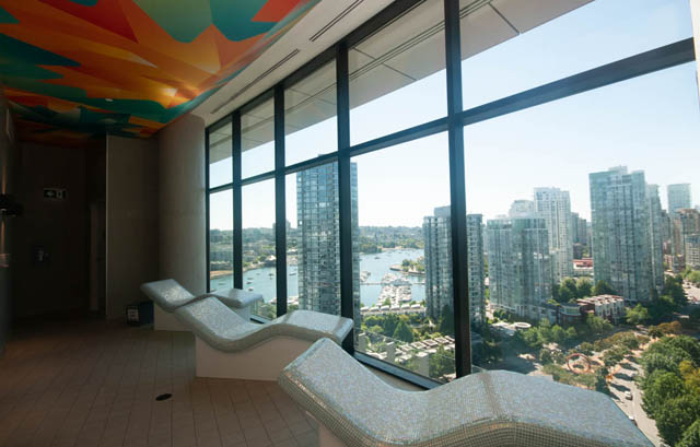 Spacious penthouse lounge with vibrant ceiling art and stunning city views. - 2818  - 89 Nelson Street, Vancouver Downtown