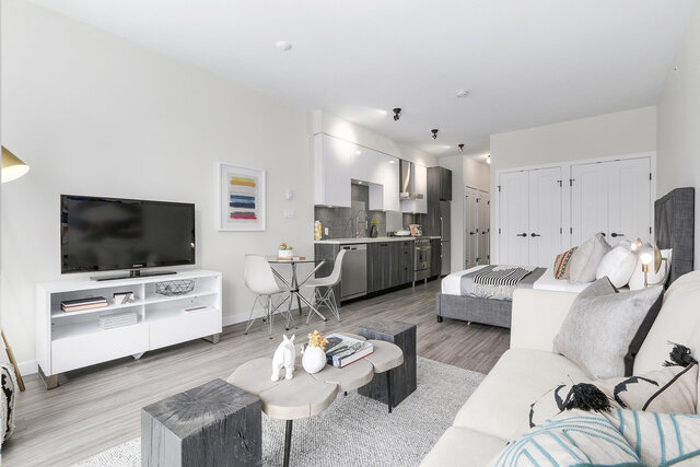 The living room has a sofa, TV on a stand, coffee table, and an open view to the kitchen and bedroom areas.