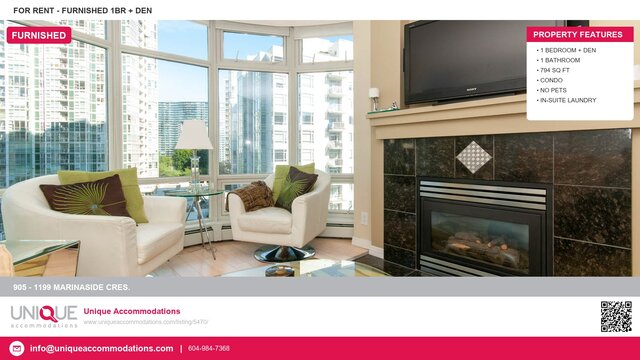 Furnished living room with city view, modern fireplace, and comfortable seating. - 905 - 1199 Marinaside Cres., Vancouver Downtown
