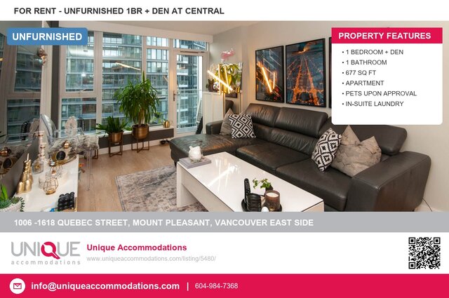 Modern 1-bedroom + den condo with sleek countertops, hardwood floors, and a city view. - 1006 -1618 Quebec Street, Vancouver East Side