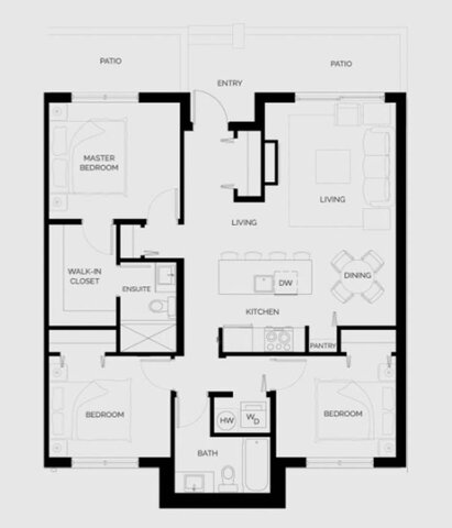 This is a floor plan showing three bedrooms, two bathrooms, a kitchen with dishwasher, dining area, living areas, and two pat