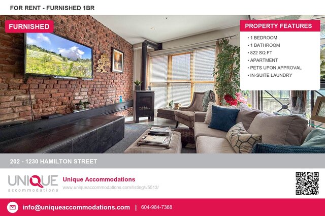 Furnished 1-bedroom condo with brick wall, large window, and cozy seating area. - 202 - 1230 Hamilton Street, Vancouver Downtown
