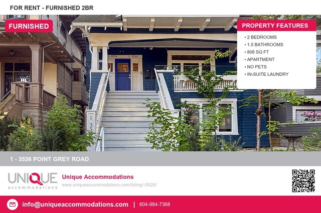 Furnished 2-bedroom apartment with blue exterior and white steps, perfect for city living. - 1 - 3536 Point Grey Road, Vancouver West Side