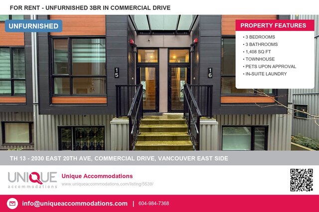 Modern 3-bedroom townhouse with sleek black railings and large windows, perfect for city living. - TH 13 - 2030 East 20th Ave, Vancouver East Side