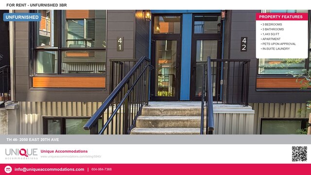 Modern 3-bedroom townhouse with sleek black railings and large windows, perfect for city living. - TH 46- 2050 East 20th Ave, Vancouver East Side