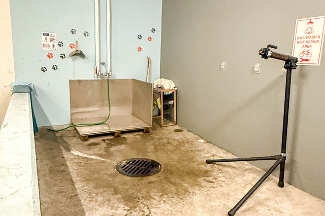 A dog wash and bike repair area with a metal tub, bike stand, floor drain, and paw print decals on the wall.