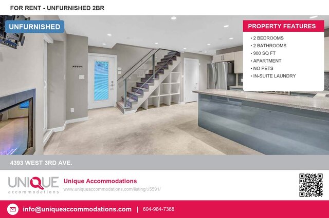 Modern kitchen with granite countertops and a sleek island, perfect for a 2-bedroom furnished apartment. - 4393 West 3rd Ave, Vancouver West Side