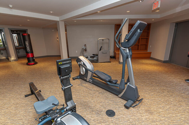 Spacious gym with cardio equipment and punching bag, perfect for fitness enthusiasts. - 526-119 West 22nd Street, North Vancouver