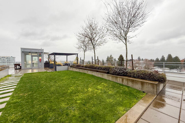 Spacious rooftop garden with lush green lawn, modern pergola, and city skyline view. - 407-2435 Kingsway, Vancouver East Side