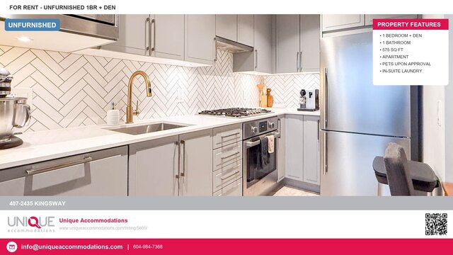 Modern kitchen with white herringbone backsplash, stainless steel appliances, and sleek countertop. - 407-2435 Kingsway, Vancouver East Side