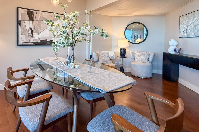Dining room with glass-top table and light. - 3309-1111 Alberni Street, Vancouver Downtown