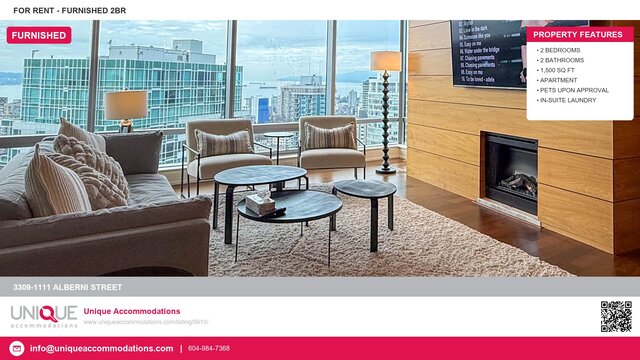 Furnished living room with cozy seating, large windows, and city view. - 3309-1111 Alberni Street, Vancouver Downtown