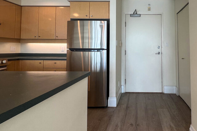 Bright kitchen with stainless steel appliances, dark countertops, and hardwood floors. - 2905-1009 Expo Boulevard, Vancouver Downtown