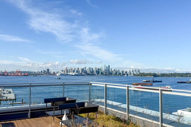 Balcony with city skyline and harbour view. - 406-777 Harbour Way, North Vancouver