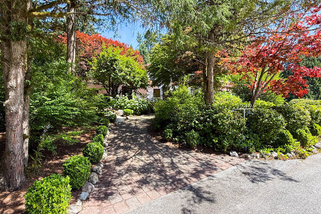 Sunny exterior view of a landscaped garden path with lush greenery and vibrant red foliage trees - 1249 Chartwell Place, West Vancouver