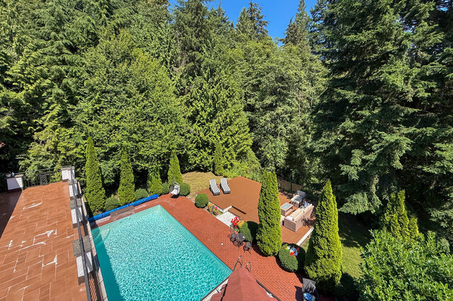 Aerial view of a backyard with a pool, lounge chairs, and dense forest surroundings - 1249 Chartwell Place, West Vancouver