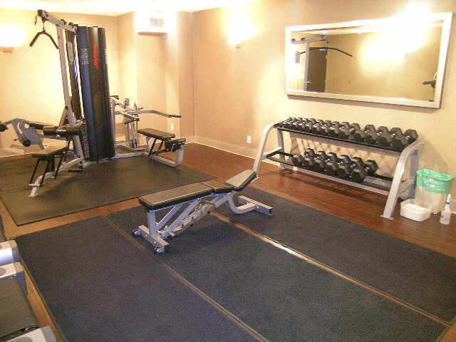 Gym area featuring dumbbell racks and weight machines on rubber flooring. - 2113-610 Granville Street, Vancouver Downtown