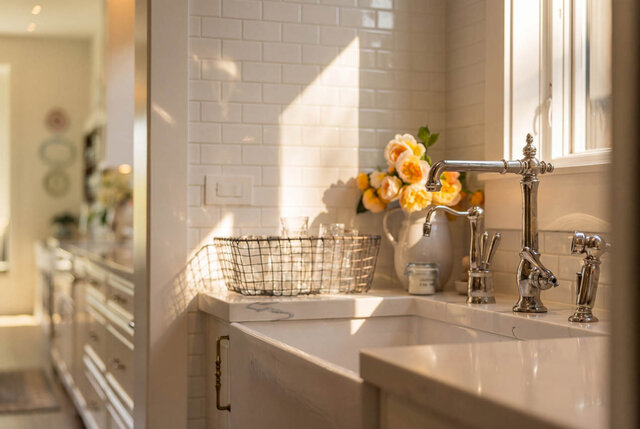 Sunlit bathroom with white tile backsplash, chrome fixtures, and floral arrangement near the window - 1248 Kings Avenue, West Vancouver