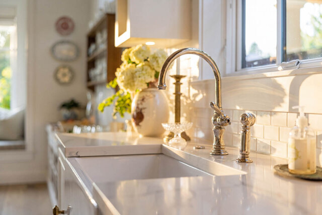 Bright kitchen with marble countertops, chrome faucet, and small windows. - 1248 Kings Avenue, West Vancouver