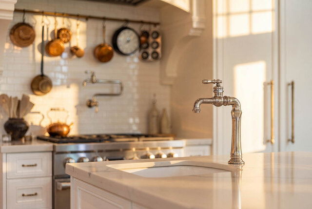 Sunlit kitchen with vintage brass fixtures and stainless appliances - 1248 Kings Avenue, West Vancouver