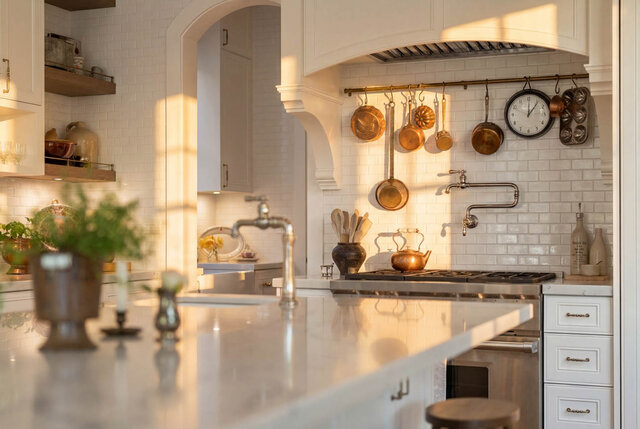 Sunlit kitchen with white subway tile backsplash, hanging copper pots, and marble countertops - 1248 Kings Avenue, West Vancouver