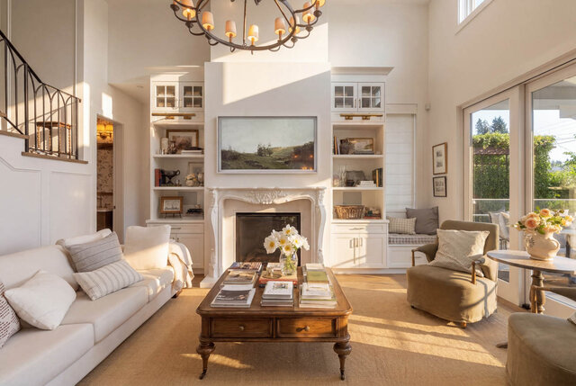 Sunlit living room with fireplace, built-in bookshelves, and large windows overlooking greenery. - 1248 Kings Avenue, West Vancouver