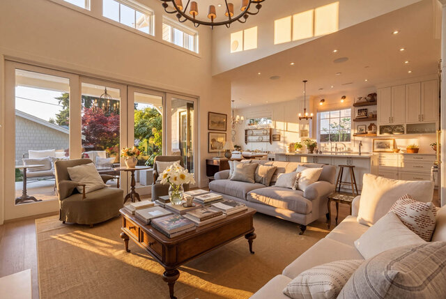 Bright living room with floor-to-ceiling windows and open kitchen layout - 1248 Kings Avenue, West Vancouver