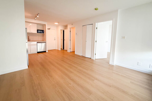 Spacious open living area with light hardwood floors and a white kitchenette with dishwasher and microwave.