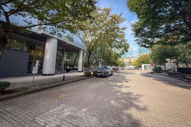 Brick-paved entrance driveway lined with mature trees beside a glass-fronted building with white columns.