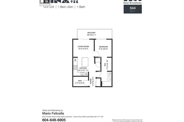The floor plan for unit 504, one bedroom plus den and one bath, 544 square feet with an 18-foot balcony along the living room