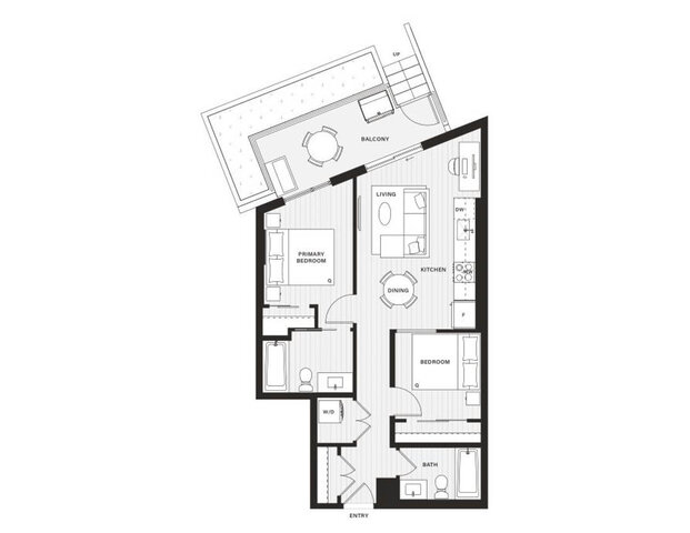 Floor plan of the two-bedroom suite with its patio. - 111-1529 Oxford Street, North Vancouver