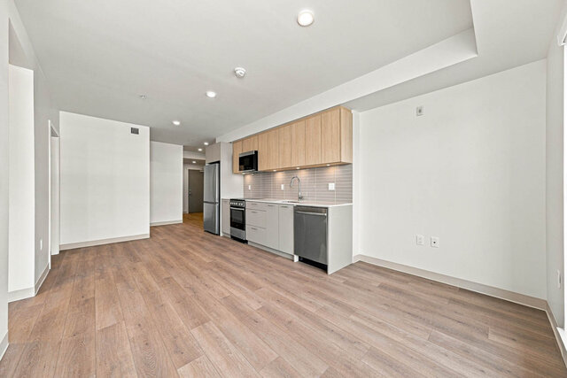 Kitchen along the wall with light oak cabinets and stainless appliances, the hall leading back to the entry door.