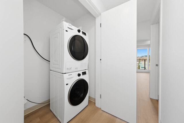 Stacked Samsung washer and dryer in their own closet off the hall. - 619-1529 Oxford Street, North Vancouver