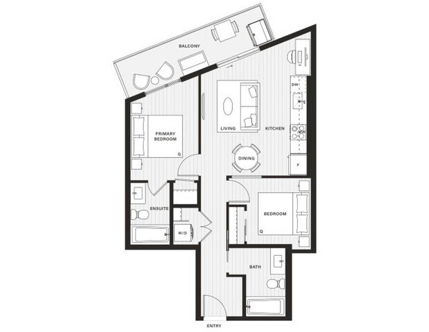 Floor plan of the two-bedroom suite with its long balcony. - 619-1529 Oxford Street, North Vancouver