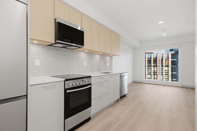 Kitchen counter with a stainless range, microwave and dishwasher under light oak upper cabinets and under-cabinet lighting, l
