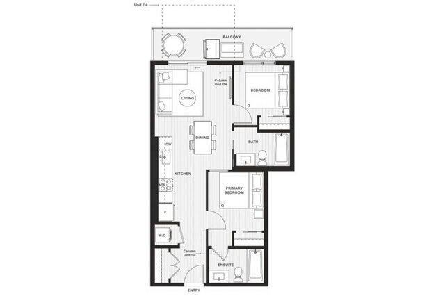 Floor plan of the two-bedroom suite with its full-width balcony. - 424-1529 Oxford Street, North Vancouver
