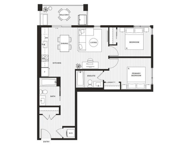 Floor plan of the corner two-bedroom suite with its balcony. - 405-1529 Oxford Street, North Vancouver
