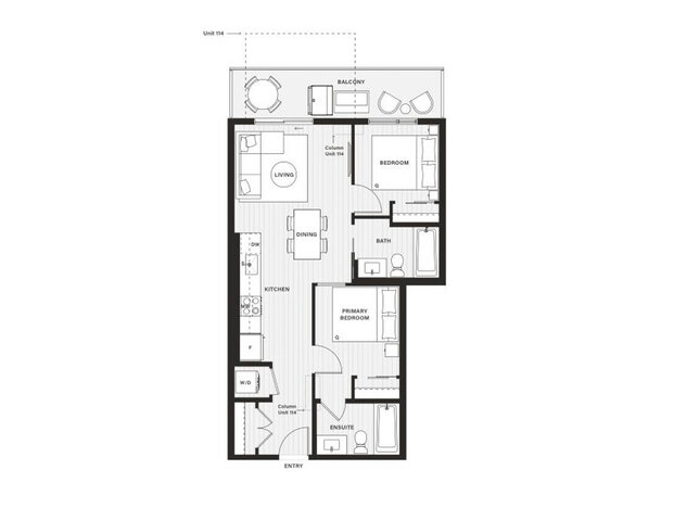 Floor plan of the two-bedroom suite with its full-width balcony. - 224-1529 Oxford Street, North Vancouver