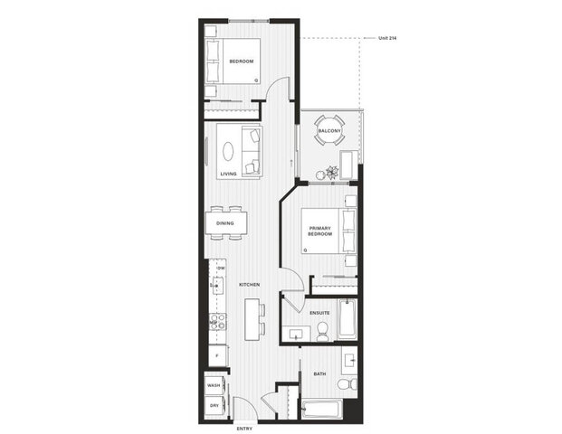 Floor plan of the long two-bedroom suite with the living room and covered balcony at one end. - 213-1529 Oxford Street, North Vancouver