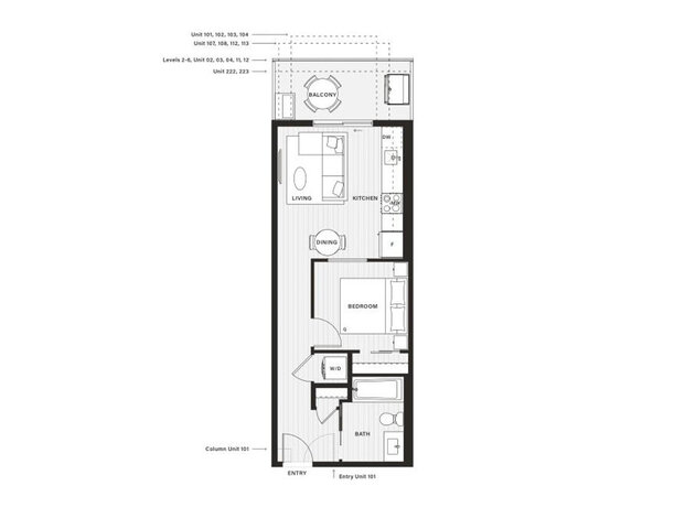 Floor plan of the one-bedroom suite with the living area and kitchen at the window end and the bedroom in the middle.