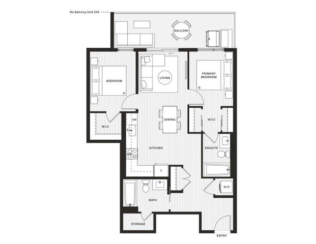 Floor plan of the two-bedroom suite with a bedroom on each side of the living room and one long balcony across the front.