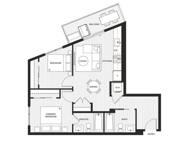 Floor plan of the corner two-bedroom suite with the bedrooms on one side, two bathrooms and a balcony off the living area.