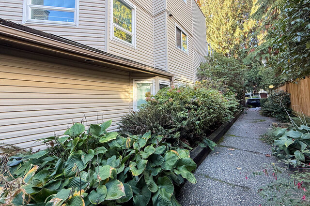 Side walkway along the building between planted garden beds of hostas and shrubs. - 304-827 West 16th Street, North Vancouver